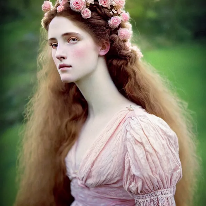 Image similar to Kodak Portra 400, 8K, soft light, volumetric lighting, highly detailed, britt marling style 3/4 ,portrait photo of a beautiful woman how pre-Raphaelites painter, a beautiful pink detailed lace dress and hair are intricate with highly detailed realistic beautiful flowers , Realistic, Refined, Highly Detailed, natural outdoor soft pastel lighting colors scheme, outdoor fine art photography, Hyper realistic, photo realistic