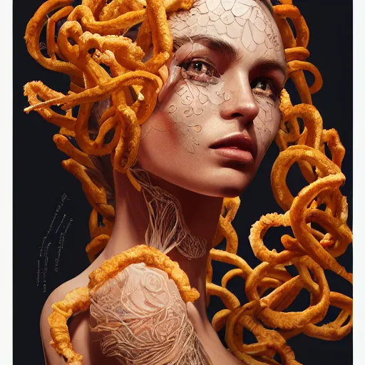 Image similar to the portrait of an unbelievably beautiful woman partially made of onion rings, an ultrafine detailed illustration by james jean, final fantasy, intricate linework, bright colors, behance contest winner, vanitas, angular, altermodern, unreal engine 5 highly rendered, global illumination, radiant light, detailed and intricate environment