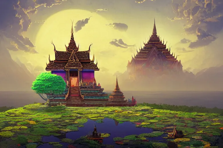 Prompt: surreal glimpse into other universe, floating island in the sky, a thai temple on a mound, summer morning, very coherent and colorful high contrast, art by gediminas pranckevicius, geof darrow, makoto shinkai, dark shadows, hard lighting