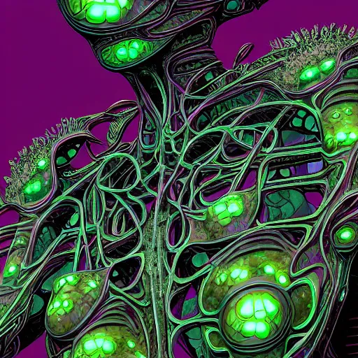 Prompt: sleek highly evolved biomechanical nubile phyrexian dreadnought pregnant borg queen hybrid dotted with small fractal lichens and fungal growth being possessed by the machine spirit, artists mœbius and philippe caza with beryl cook and jack kirby, high contrast cinematic light, mystical shadows, sharp focus, octane render