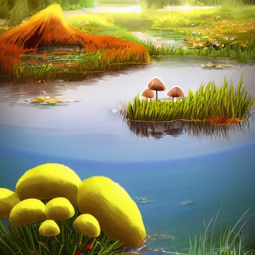 Image similar to a beautiful lake with cute little mushrooms growing around it, fantasy art, 2 d, sunshine, warm colors, relaxing, calm, cozy, peaceful, by studio ghibli