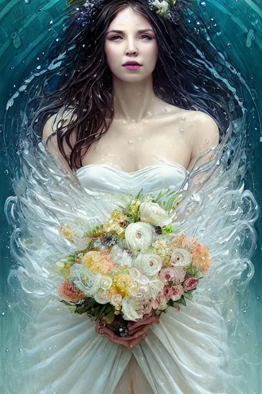 Image similar to portrait of a beautiful woman wearing a white dress, holding a bouquet of flowing flowers, drenched body, wet dripping hair, emerging from the water, fantasy, regal, fractal crystal, fractal gems, by ross tran, stanley artgerm lau, greg rutkowski, thomas kindkade, alphonse mucha, loish, norman rockwell