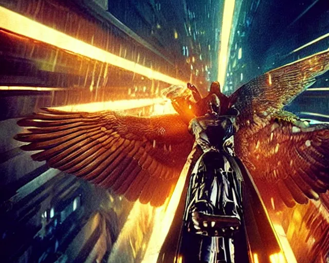 Image similar to a movie still of a gigantic egyptian god fighting a huge eagle in blade runner los angeles, by marvel movies and ilm