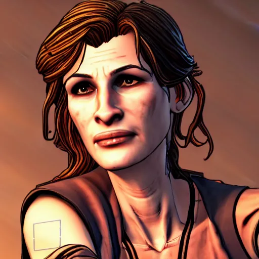 Image similar to julia roberts portrait, borderlands, tales from the borderlands, the wolf among us, comic, cinematic lighting, studio quality, 8 k