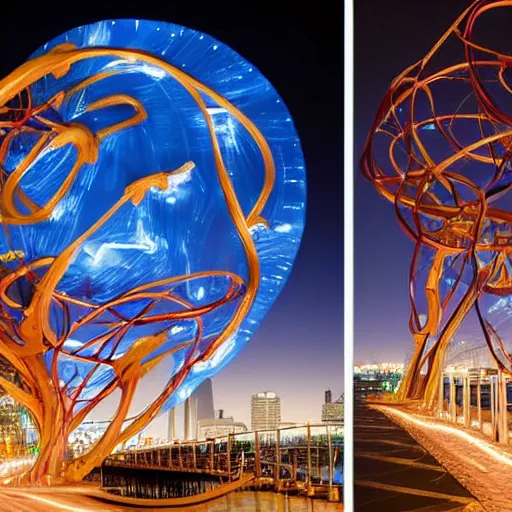 Prompt: vivid, robust by skottie young, by elena paraskeva. a kinetic sculpture of a group of flying islands, each with its own unique landscape, floating in the night sky. the islands are connected by a network of bridges. a small group of people can be seen walking along one of the bridges.