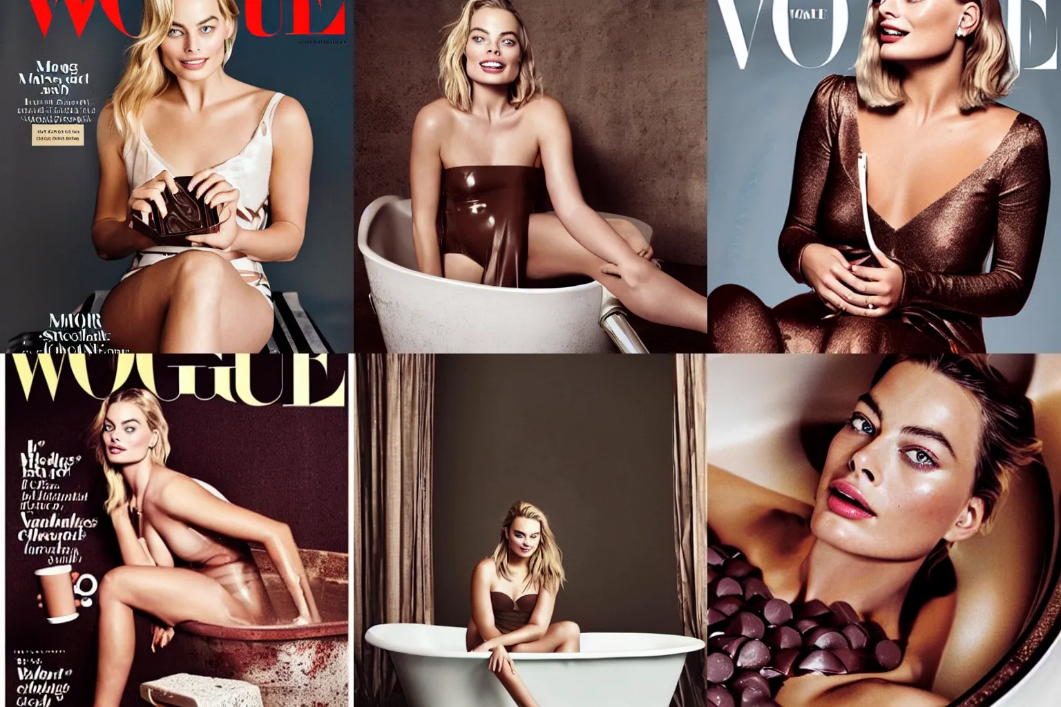 Prompt: Margot Robbie bathing in a tub of chocolate :: vogue magazine cover :: studio lighting ::