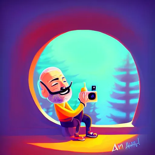 Prompt: curled perspective digital art of a cute smiling beard grandpa cartoon character taking a photo to a baby girl by anton fadeev