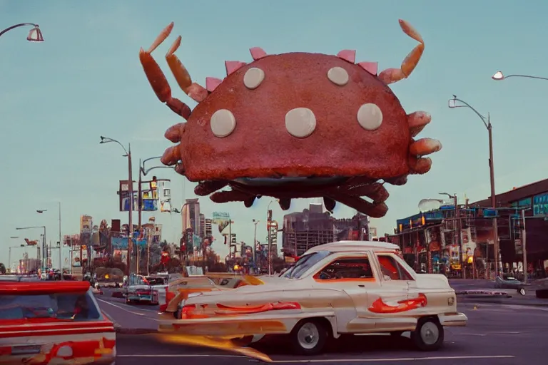 Image similar to 2 0 1 5 cute giant crab terrorizing a city, googie city, americana, fishcore, hd 8 k, photography cinestill