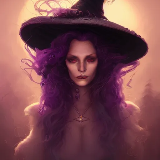 Image similar to an insanely detailed portrait of a beautiful witch with long purple hair, black witch hat, purple irises, in the style of peter mohrbacher, artgerm, dramatic lighting and composition, octane render, trending on artstation, concept art 8 k