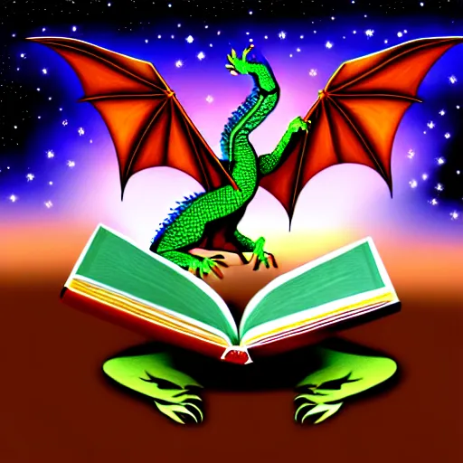 Prompt: dragon reading a book underneath the stars, digital art