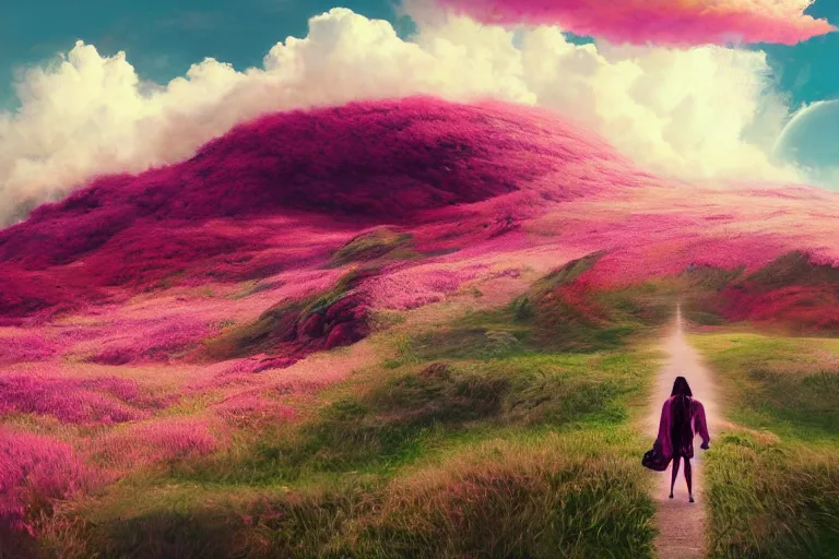 Prompt: giant dahlia flower, on head, girl walking on mountain, surreal photography, pink storm clouds, dramatic light, impressionist painting, digital painting, artstation, simon stalenhag