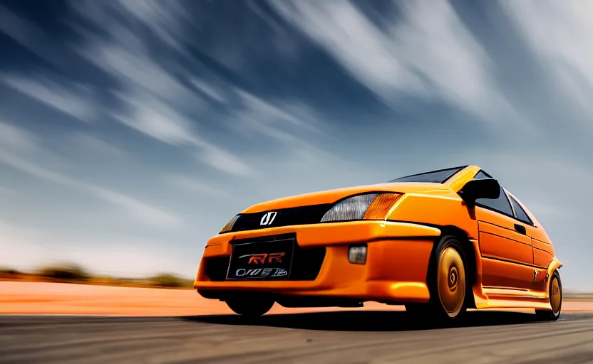 Image similar to photograph of a cell-shaded orange Honda EK9 Type-R, speeding on a desert road with a futuristic city in the horizon, kicking up dirt, action shot, one point perspective, sigma 85mm f/1.4, 4k, depth of field, high resolution, 4k, 8k, hd, full color