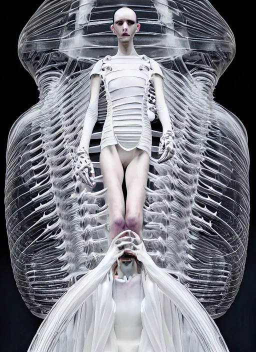 Image similar to walking down the catwalk, steven klein, show, stage, vogue photo, podium, fashion show photo, historical baroque dress, iris van herpen, beautiful woman, full body shot, masterpiece, inflateble shapes, alien, predator, guyver, jellyfish, white biomechanical details, highly detailed