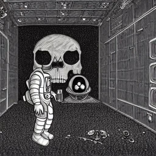 Image similar to An astronaut alone inside a dark ballroom filled with piles of human skulls