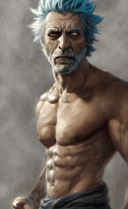 Image similar to rick sanchez, norse god, blue hair, masculine, mature, handsome, upper body, grey and silver, muscular, hairy torso, fantasy, intricate, muscular, elegant, highly detailed, digital painting, artstation, concept art, smooth, sharp focus, illustration, art by gaston bussiere and alphonse mucha