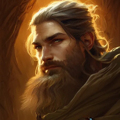 Image similar to Portrait of rugged male ranger, D&D, amber eyes, face, long hair, muscular, fantasy, intricate, elegant, highly detailed, digital painting, artstation, concept art, smooth, sharp focus, illustration, art by artgerm and greg rutkowski and alphonse mucha