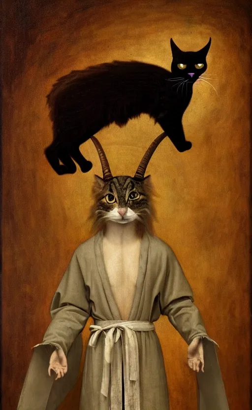 Image similar to a bipedal cat that has goat horns, anthropomorphic cat that is wearing robes, oil painting by leonardo da vinci, eldritch, magical, fog, noble, full body portrait, extremely detailed, cult, ritual, 4 k, 8 k