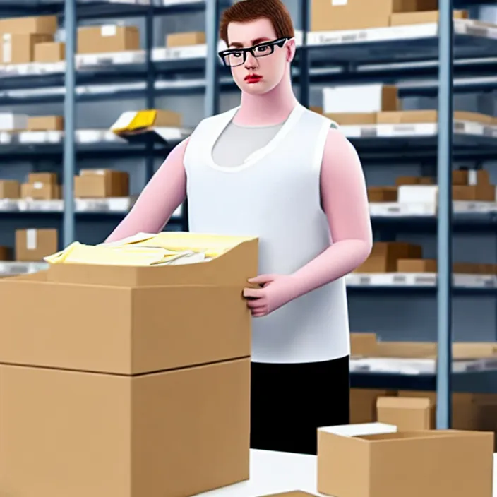 Prompt: hyperrealistic photo of a pale white overweight amazon androgynous employee sorting packages, wearing a vest, wearing clear square glasses