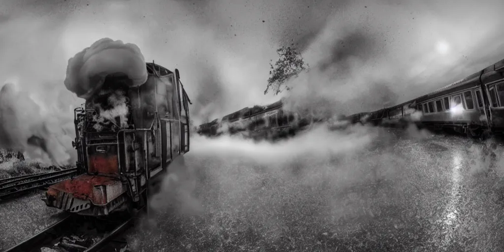 Prompt: fisheye lens slow motion with trail effect of blazing old train with steam locomotive, long exposure shot , at night in the middle of a rainy street, paddle of water, steam, fog, water splashes, rim lights, glossy reflections, water droplets on lens, octane render, dark and dramatic, explosions in the background, detailed and soft, fisheye lens, smooth, sharp focus, illustration, art by artgerm and greg rutkowski and Makoto shinkai