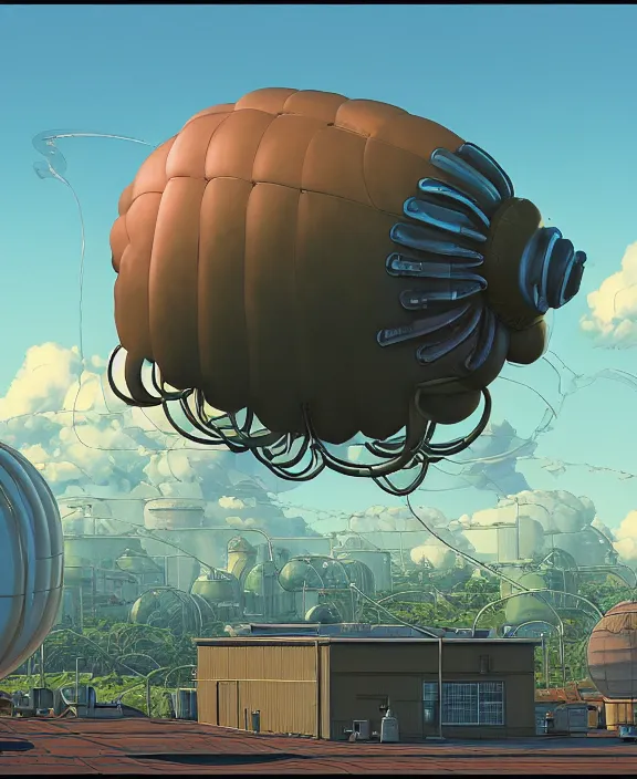 Image similar to inflated industrial plant made from obese isopod mollusk octopus, in the style of puffy spaceship, giant botany, partly cloudy, spooky, dramatic lighting, by geof darrow, bill sienkiewicz, dan mumford, yusuke murata, makoto shinkai, ross tran, cinematic, unreal engine, cel shaded, featured on artstation, pixiv