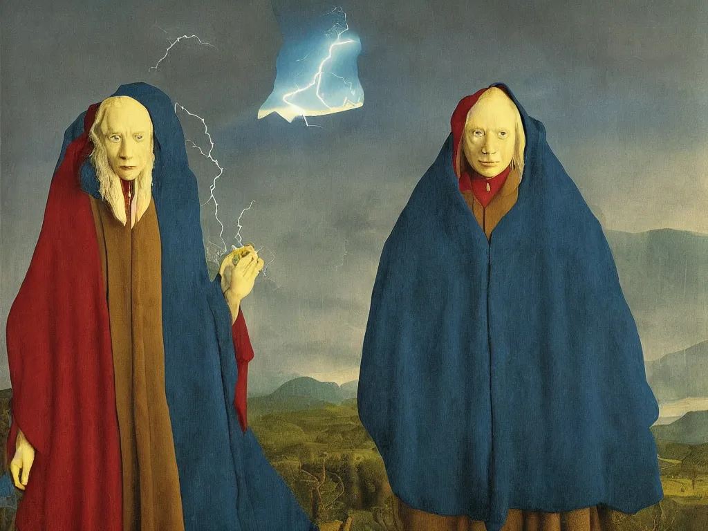 Image similar to Portrait of albino mystic with blue eyes, with lightning in his hand. Storm in the distance over the surreal mountains. Painting by Jan van Eyck, Audubon, Rene Magritte, Agnes Pelton, Max Ernst, Walton Ford