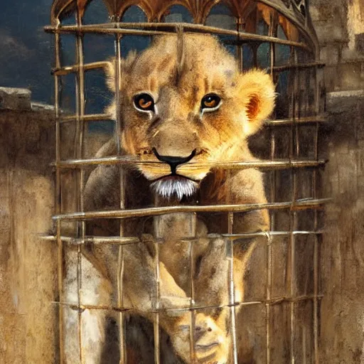 Image similar to cute lion cub with a scorpion tail in a cage on a medieval fantasy market, oil painting, manticor cub, by greg rutkowski