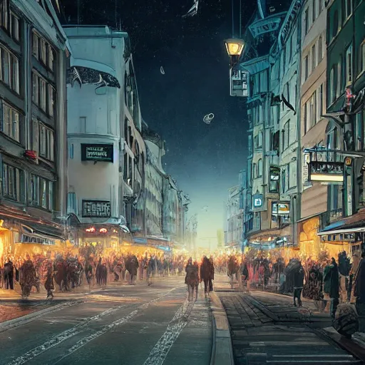 Image similar to ultra realistic illustration and highly detailed digital render of a intricate busy street inside helsinki, finland, 2 0 2 2, by greg rutkowski and makoto shinkai, nighttime, dark sky, twinkly stars, amazing sky, migrating birds in the sky, colorful street lamps along road, natural stone road, asian style vendorsf