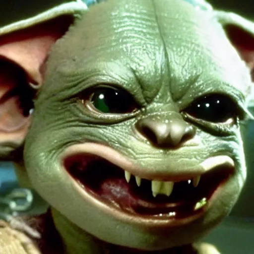 Prompt: a film still of gremlin grinning evily with a scar on its face in star wars realistic, detailed