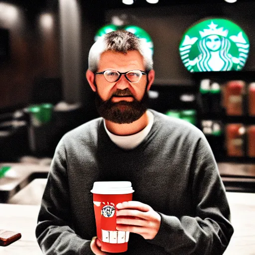 Image similar to ted kaczynski working at starbucks, 4 k, hyper realistic, dslr, landscape, high resolution