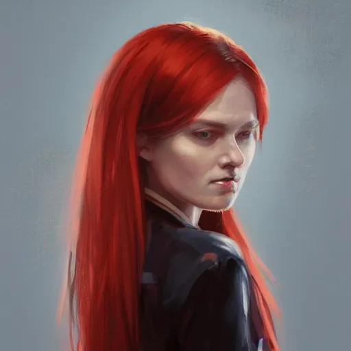 Image similar to Portrait of a woman by Greg Rutkowski, she is about 20 years old, redhead, long straight hair, beautiful oval face, wearing red and black utilitarian jumpsuit, older sister vibes, highly detailed portrait, digital painting, artstation, concept art, smooth, sharp foccus ilustration, Artstation HQ.