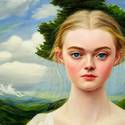 Image similar to professional painting of Elle Fanning in the style of Marianne North, head and shoulders portrait, symmetrical facial features, smooth, sharp focus, illustration, intricate, stormy weather, extremely detailed masterpiece,