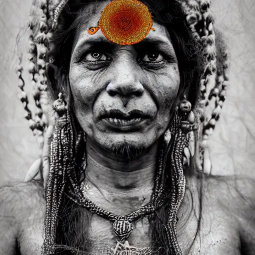 Prompt: realistic exposed expired fuji film portrait of aghori tantrik india woman, tentacled creature mix, marigold celestial vibe, hyperrealism, hypermaxiymalism, photorealistic, detailed, atmospheric, 8 k, award winning photography, cinematic