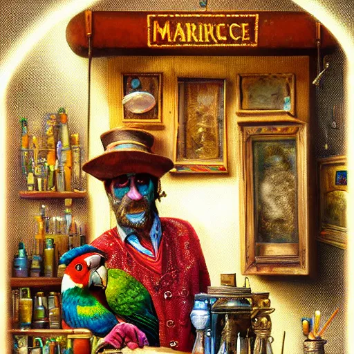 Image similar to Anthropomorphized parrot trader in his shop, selling a gem, portrait, items, magic potions, carpet, window, fancy hat, sly expression , cunning expression, cute expression, presenting magic gem, D&D, fantasy, cinematic lighting, highly detailed, digital painting, artstation, concept art, smooth, sharp focus, illustration, warm light, cozy warm tint, magic the gathering artwork, volumetric lighting, 8k, art by Akihiko Yoshida, Greg Rutkowski