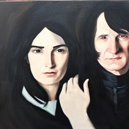 Prompt: A portrait of Severus Snape and Lily Potter, oil painting