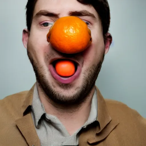 Prompt: a photo of a suprised holding an orange, the man's face can be seen in the photo, his eyes are more open, looking at the viewer, his mouth is open, he is holding the orange in his hand.