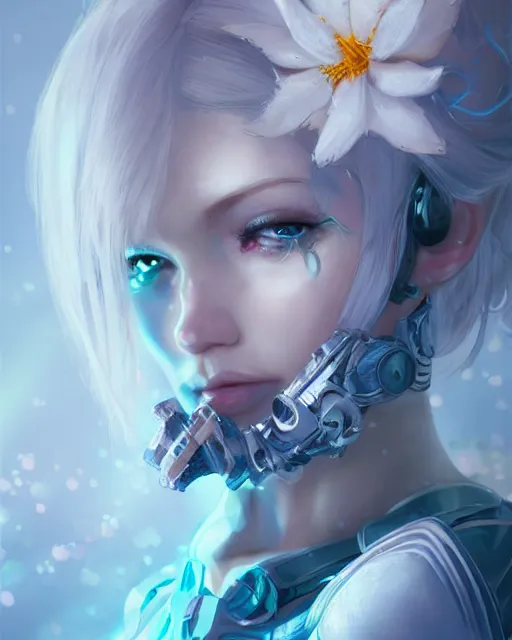 Image similar to cyborg girl with white hair, elegant, flower decorations, dreamy, illustration, atmosphere, top lighting, blue eyes, focused, artstation, highly detailed, art by yuhong ding and chengwei pan and serafleur and ina wong