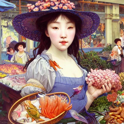 Image similar to a masterpiece ultrarealistic ultradetailed portrait of beautiful love fishmonger girl on street market baroque renaissance. medium shot, intricate, elegant, by stanley artgerm lau, wlop, alphonse mucha, rossdraws, andrei riabovitchev, yoshitaka amano. flower background my james jeand and takashi murakami.