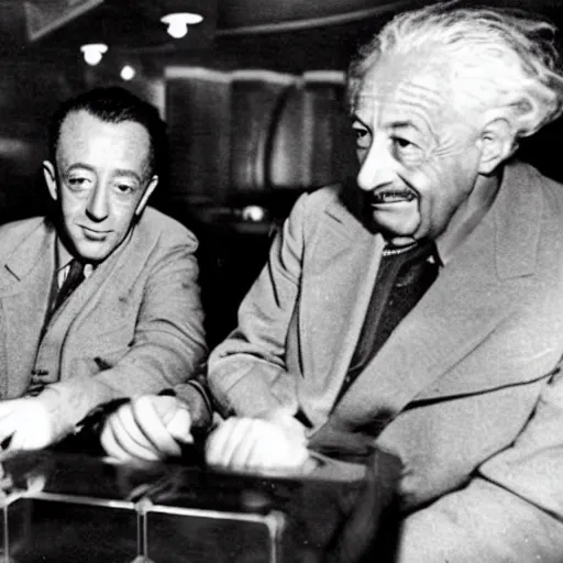 Image similar to Still of Albert Camus enjoying his time with Albert Einstein in Las Vegas casino, 1945 type photography