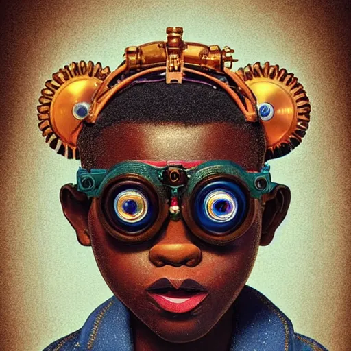 Image similar to colourful claymation upper half - portrait - art of a nigerian boy wearing steam punk goggles, art by utagawa kunisada & james jean, symmetrical, intricate detail, concept art, volumetric light, global illumination, ray tracing, claymation, sharp, pinterest, behance, art station,