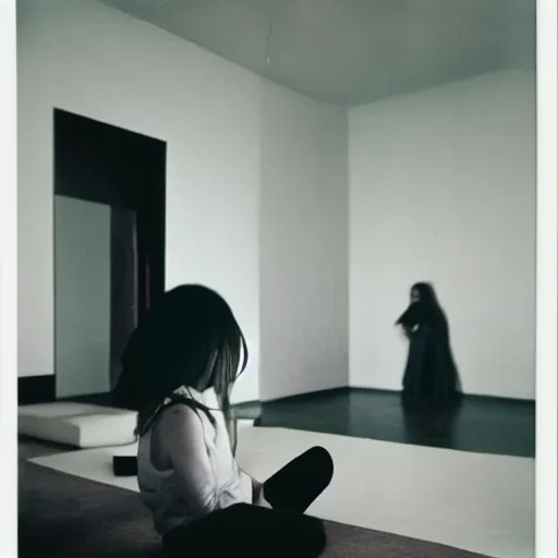 Prompt: a ten - year - old girl sitting in a living room designed by yohji yamamoto, polaroid