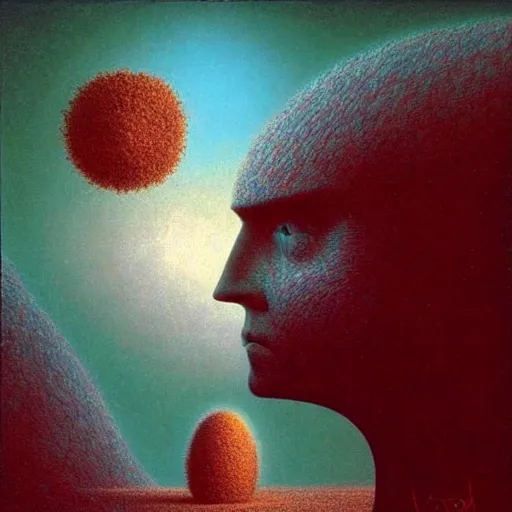 Prompt: a man made of Mandelbrot fractals, his eyes are portals to the sierpinski triangle dimension, zdzslaw beksinski