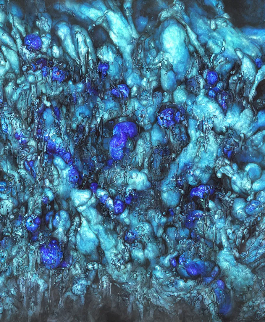 Image similar to hyper detailed 3 d render. blue demon fungal fungus. iridescent textures. highly detailed fantasy science fiction painting by vrubel and chris cunningham. dark and volumetric. artstation