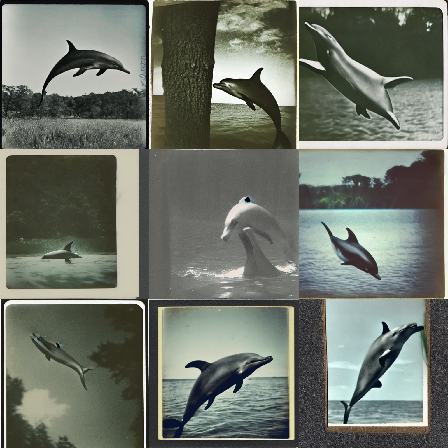 Prompt: old polaroid from 1 9 5 2 depicting a dolphin, on a clearing, sunny day