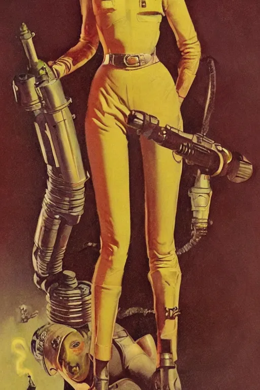 Image similar to 5 0 s pulp scifi fantasy illustration full body portrait slim mature woman in leather spacesuit firing retro ray gun laser beam, by norman rockwell, roberto ferri, daniel gerhartz, edd cartier, jack kirby, howard v brown, ruan jia, tom lovell, frank r paul, jacob collins, dean cornwell, astounding stories, amazing, fantasy, other worlds