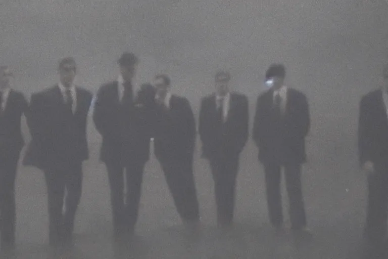 Image similar to 8 mm film still, blurry, grainy, liminal, unsettling, group of tall men in suits in a field at night, rain, flash on, dark midnight