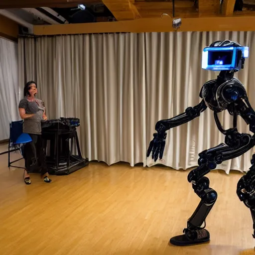 Prompt: boston dynamics humanoid robot dancing. dslr photo. press release