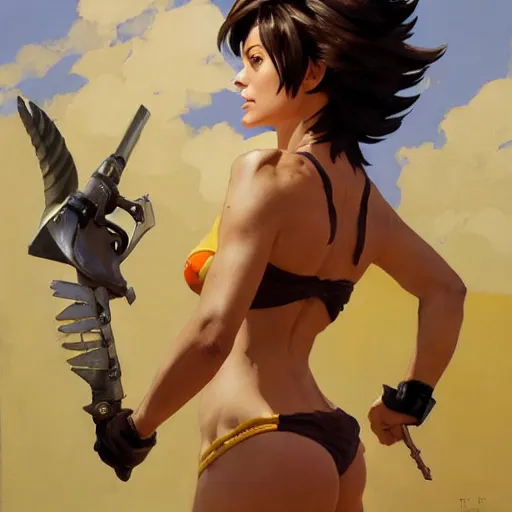 Image similar to greg manchess painting of tracer wearing a bikini knight armor, medium shot, organic painting, sunny day, bold shapes, hard edges, street art, trending on artstation, by huang guangjian and gil elvgren and sachin teng and artgerm and greg rutkowski and alphonse mucha