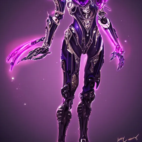 Image similar to highly detailed exquisite fanart, of a beautiful female warframe, but as an anthropomorphic robot dragon with glowing purple eyes, shiny silver armor with fuchsia accents, engraved, elegant pose, close-up shot, full body shot, epic cinematic shot, sharp claws for hands, professional digital art, high end digital art, singular, realistic, DeviantArt, artstation, Furaffinity, 8k HD render