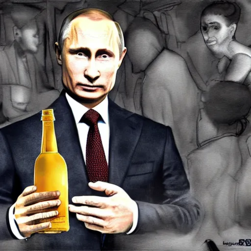 Prompt: vladimir putin wearing a dress and holding a bottle of arak, cinematic, beautiful digital painting, hyper detailed