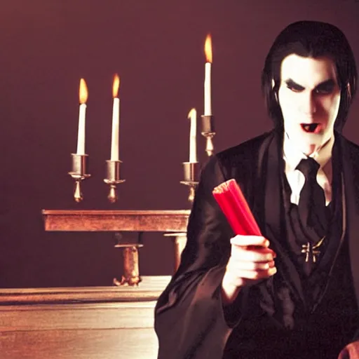 Prompt: vampire dressed in black and red formal clothing, with long black hair and a clean shaven face. the vampire is holding a glass of rewine and a lit match, sitting atop a catholic church altar. cinematic shot, poorly lit, ominous, photo.